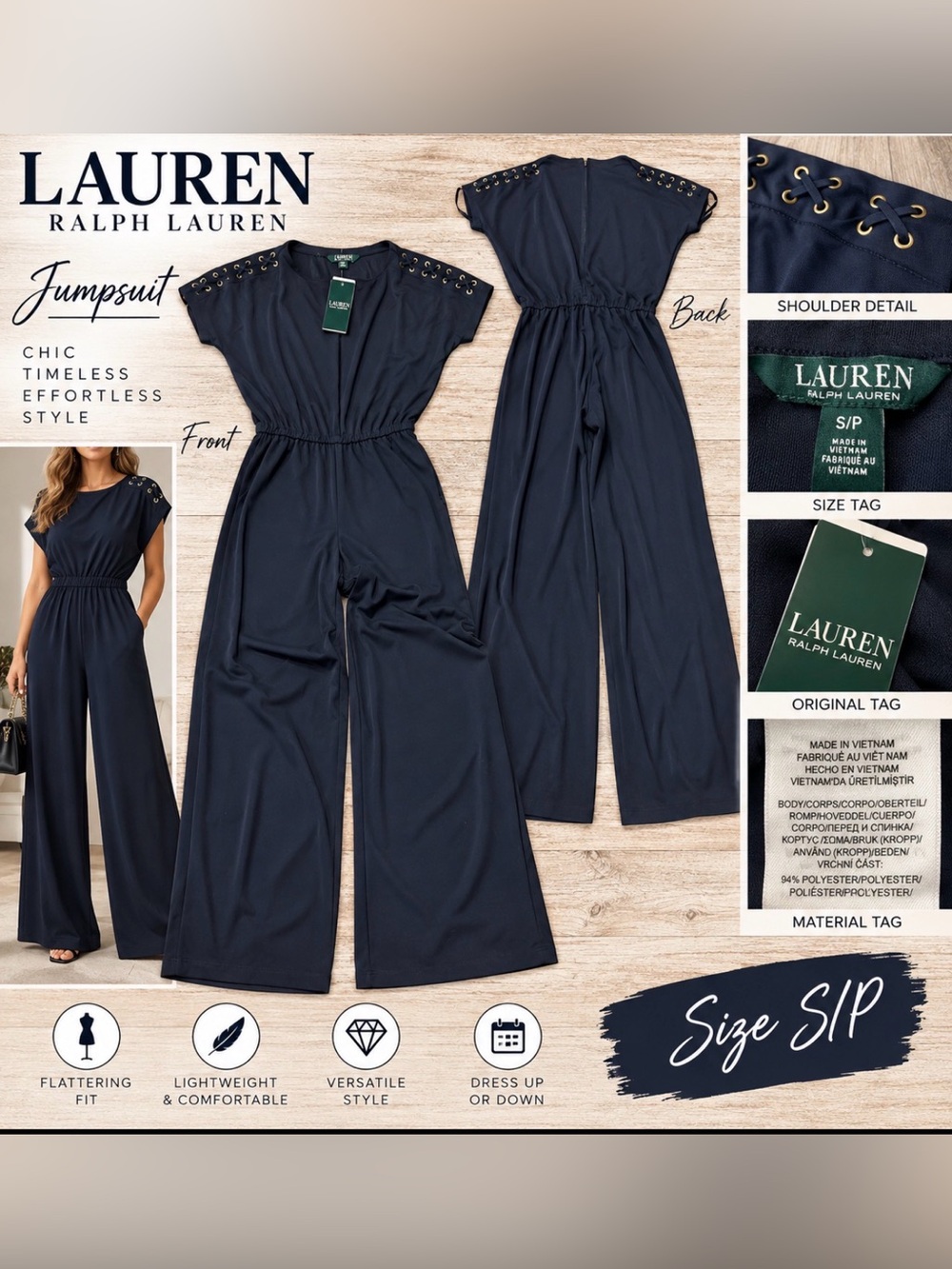 Ralph Lauren Navy Lace-Up Shoulder Wide Leg Jumpsuit Size S/P NWT